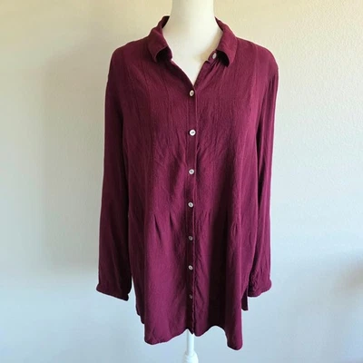 Blusa Top J. Jill Borgoña Crepé Botón Delantero Manga Larga Plisada Rayón Talla XL Foto 1 de 4