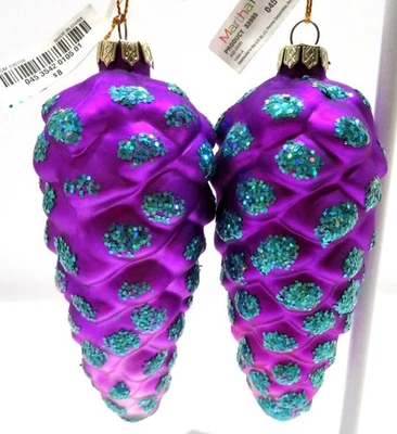 NWT 2pc Set Martha Stewart Glass Pine Cone Ornaments Dark Pink with Teal Glitter - Image 1 of 4