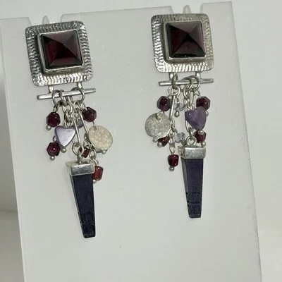 Sterling Silver 925 Artisan Dangle Earrings Gemstone Purple Red Wood Beads 2.25" - Image 1 of 4