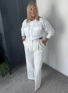 Zara White cotton/linen Wide Leg High Waist Dress Trousers Size M - Picture 1 of 10