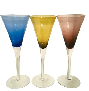 Champagne Flute Glasses Set of 3 Colorful Hand Blown Blue Amber Amethyst 9” T - Picture 1 of 10