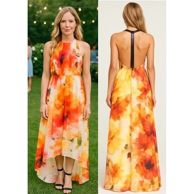 Alice + Olivia Ryan High Neck Leather T Back Maxi Dress Size 12 Floral High Low - Image 1 of 4
