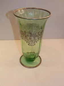 Vintage Green Depression Glass Tall Vase w Silver Tone Overlay Floral Design - Picture 1 of 5