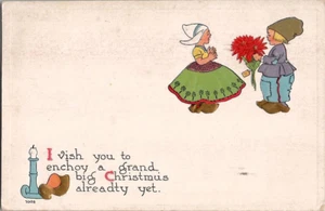 Vintage Postkarte Weihnachten Holländer Kinder Holland Kleid Holz Schuhe Kerzenständer 1913 - Bild 1 von 2