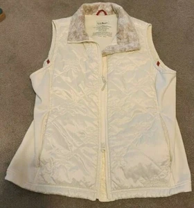 LL BEAN WOMEN SIZE M Off White FULL ZIP FLEECE VEST WITH FUR COLLAR - NEW - Picture 1 of 5