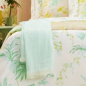 New Yves Delorme Throw Blanket 100% Linen Jacquard White Glace Green Blue Italy - Picture 1 of 24