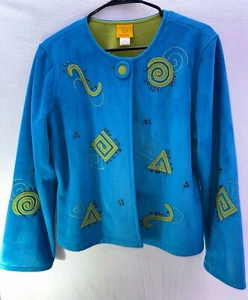 VTG Ruby Rd. Womens Bead Embroidered Patch 1-Button Fleece Cardigan Blazer 14 - Picture 1 of 8