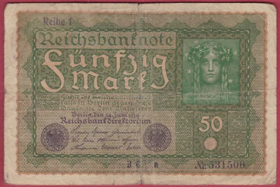 R* GERMANY 50 MARK 1919 P-66 USED DETAILS #3632 - Image 1 of 2