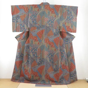 Komon kimono seta chirimen motivo chintz arancione 63,4 pollici donna - Foto 1 di 11