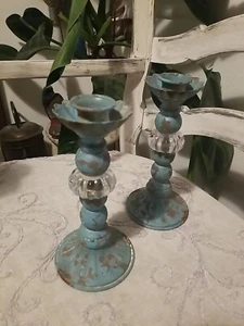 2 Lot Rustic Turquoise Blue Glass Candle Metal Candlesticks Holders Farmhouse - Picture 1 of 12