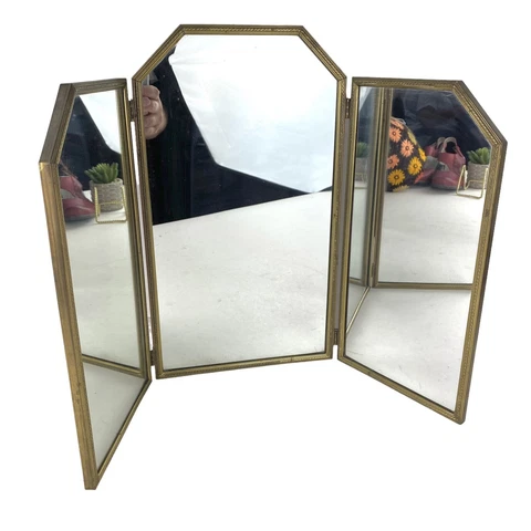 Vintage Tri Fold Vanity Dresser Shaving Mirror 3 Panel Metal Frame Cover
