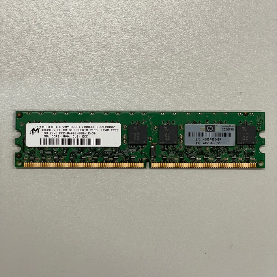 Micron 1GB DDR2 RAM PC2-6400 800MHz ECC Unbuffered CL6 DIMM MT18HTF12872AY-800D1 - Image 1 of 4
