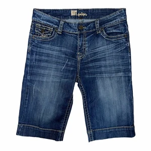 Kut from the Kloth Dark Distressed Embroidered Flap Pockets Bermuda Shorts 10 - Picture 1 of 8