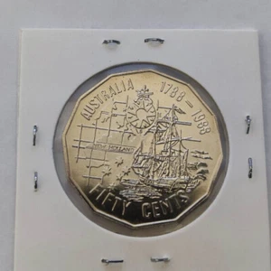 1988 UNC 50c Coin - Tall Ships, First Fleet Bicentenary in 2x2 - Picture 1 of 2