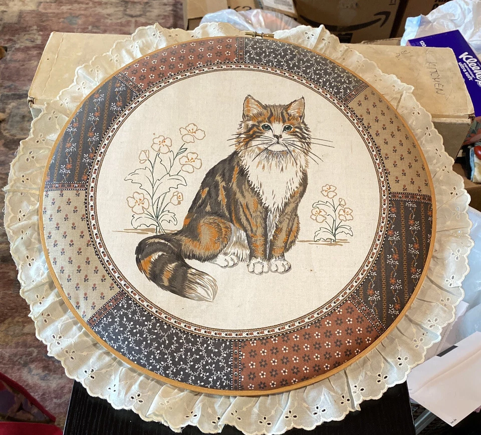 Vintage Embroidery hoop Cranston cat VIP screen print 14.5 inches hanging... - Image 1 of 2