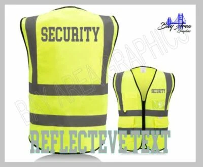 Security Safety Vest High Visibility YELLOW Reflective TEXT & Strips w/pockets  - Image 1 of 4