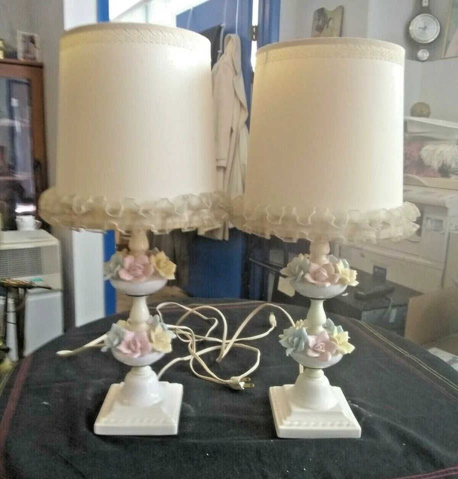 2 Nightstand Lamps Ceramic Lamp with Flowers Shade with Ruffle - Image 1 of 4