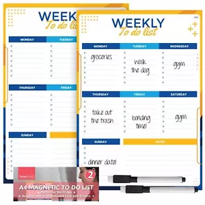 2pk Magnetic Weekly Planner To Do List Whiteboard Fridge A4 Pad + Dry Wipe Pens - Picture 1 of 8