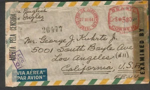 Brazil 1944 WWII multiple censors registered meter cover Rio to Calif via Miami - Picture 1 of 2