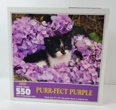 Vtg 1997 Hoyle 550 Piece Jigsaw Puzzle Purr-fect Purple Cat Floral 18"x23" - Image 1 of 4