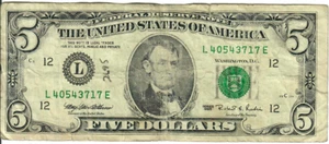 1995 5$ FRN - Small portrait w/ security thread - MEW/RER L40543717E - #15317 - Picture 1 of 2