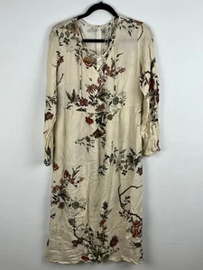 Stradivarius A Line Maxi Dress Size L Beige Floral Long Sleeve V Neck High Waist - Picture 1 of 9