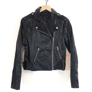 Vegan Black Faux Leather Moto Jacket Women's SIZE M Full Zip Pocket Long Sleeve - Picture 1 of 16