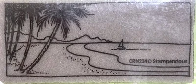 Estampilla de goma adhesiva para bote de agua de playa de palmeras tropicales 1,5 x 3,75" Foto 1 de 3