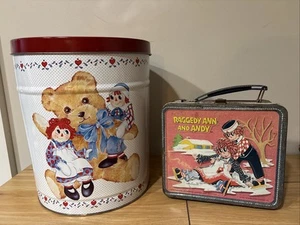 Lot of 2 Vintage 1973 Raggedy Ann & Andy Metal container W/lid Lunch Box - Picture 1 of 12