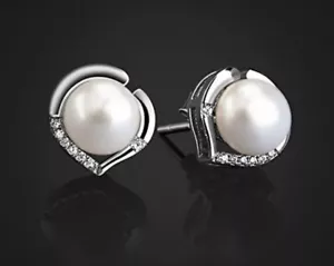 Freshwater Pearl & Sterling Silver Stud Earings CZ - Picture 1 of 6
