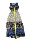 Womens Ace Fashion Long Tan Blue Floral Pattern Dress Size Medium