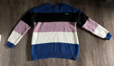 Volcom Womens Size XS X Oversized Knit Striped Blue Pink White Crewneck Sweater - Image 1 of 2