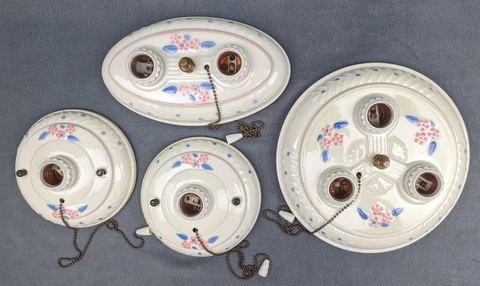 Antique Set of 4 Excellent PORCELIER Porcelain Ceiling Light Fixtures, Restored Cover