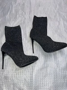 Women’s Black / Silver Size 10 Mid Calf Stretchy Sock Boots W 4.5” Heels - Picture 1 of 11