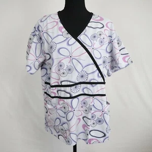 Black Star Scrub Top Womens Medium Retro Floral Short Sleeve Medical Uniform - Picture 1 of 7