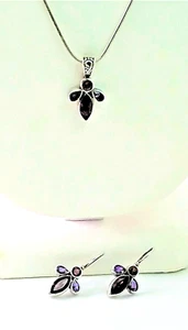 Amethyst Pendant Necklace and Earrings Set Vintage Sterling - Picture 1 of 5