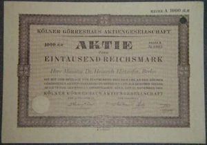 50 X Kölner Görreshaus Aktiengesellschaft 1930 1000 RM ausgestellt auf Hirtsifer - Bild 1 von 1