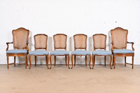 1960s Kindel Furniture French Louis XVI Carved Cherry Wood Cane  Dining Chairs-6 Cover