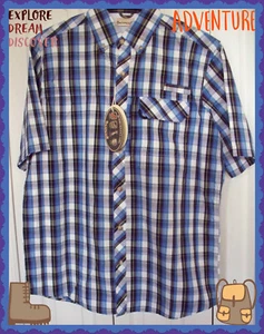 Chemise L $58 BACKPACKER ® bleu sport utilitaire à carreaux courte bouton Slv coton poly - Photo 1/8