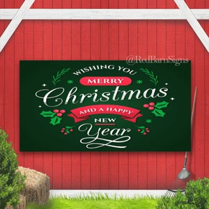 Wishing You Merry Christmas and a Happy New Year green banner - Picture 1 of 1