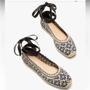 Kate Spade Knottingham Knit Espadrilles Flats Navy Cream Eyelet Lace Jute Size 8 - Picture 1 of 14