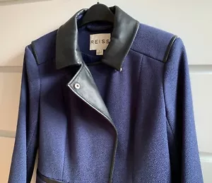 Reiss Jacket blue with black leather collar and trim Medium ladies Mint - Picture 1 of 9