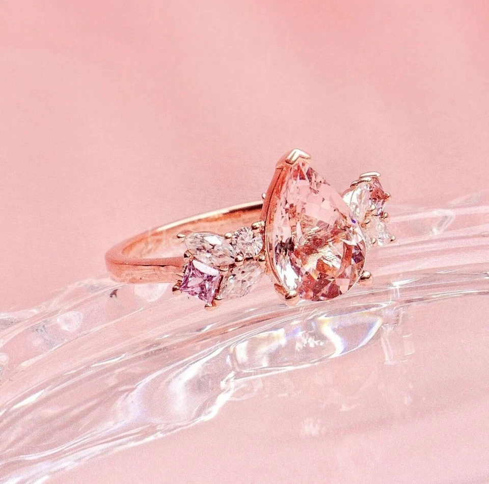 1.2ct Pear Cut Natural Morganite & Diamond 14k SOLID Rose Gold Engagement Ring - Image 1 of 3
