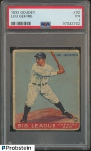 1933 Goudey #92 Lou Gehrig New York Yankees RC Rookie HOF PSA 1 PR - Bild 1 von 2