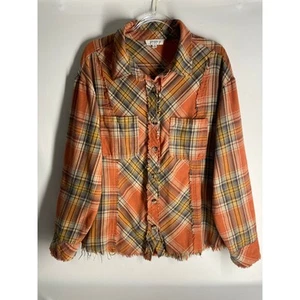 Umgee Orange Raw Edge Flannel Oversized Button Down Shirt Women's Plus Size 1X - Picture 1 of 5
