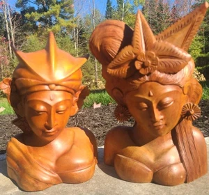 Vintage balinesisches javanisches Paar Büste handgeschnitzt Holzskulpturen Tänzerin Prinzessin - Bild 1 von 24