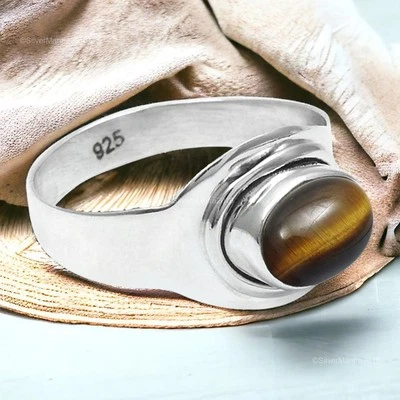 Tigre Occhio Gemma 925 Argento Sterling Fatto a Mano Fascia Natale Regalo US 6 - Immagine 1 di 4