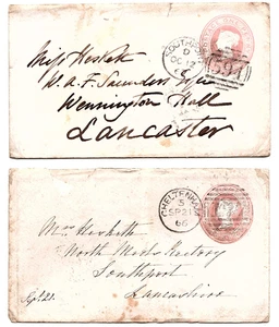 1866 / 1867 QV 1d Pink Stationery Duplex Postmarks Southport 594 Cheltenham 177 - Picture 1 of 3
