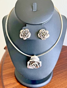 VINTAGE SILVER TONE “ROSE” NECKLACE & PIERCED EARRINGS SET - Picture 1 of 6