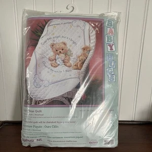 Vtg Baby Hugs Quilt Stamped Cross Stitch Kit Crib Blanket Guardian Angel Bear - Picture 1 of 8